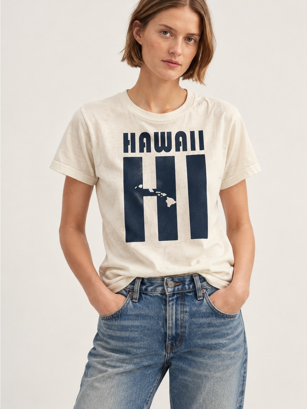 Vintage Hawaii HI Graphic Souvenir T-Shirt Navy Cream S/M